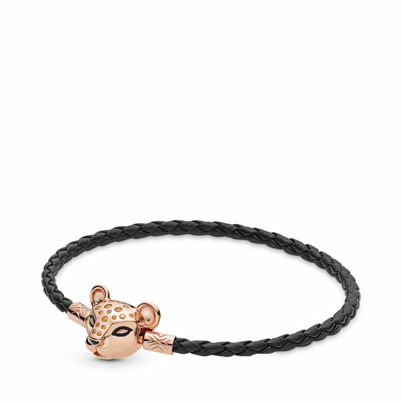 Pandora Rose™ Sparkling Lion Princess, Woven Leather Bracelet - Pandora Rose/Leather/Black/Cubic Zir